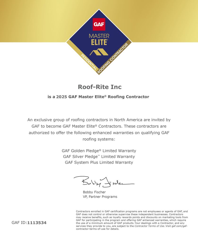 GAF Master Elite certificate from Roof-Rite Inc, a roofing company.