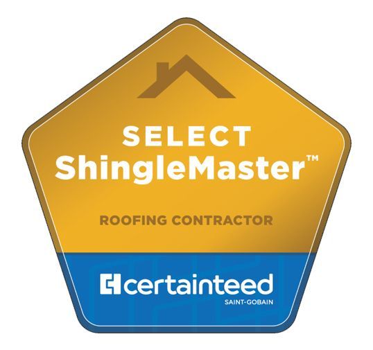 Gold and blue CertainTeed Select ShingleMaster roofing contractor badge with a roof outline.