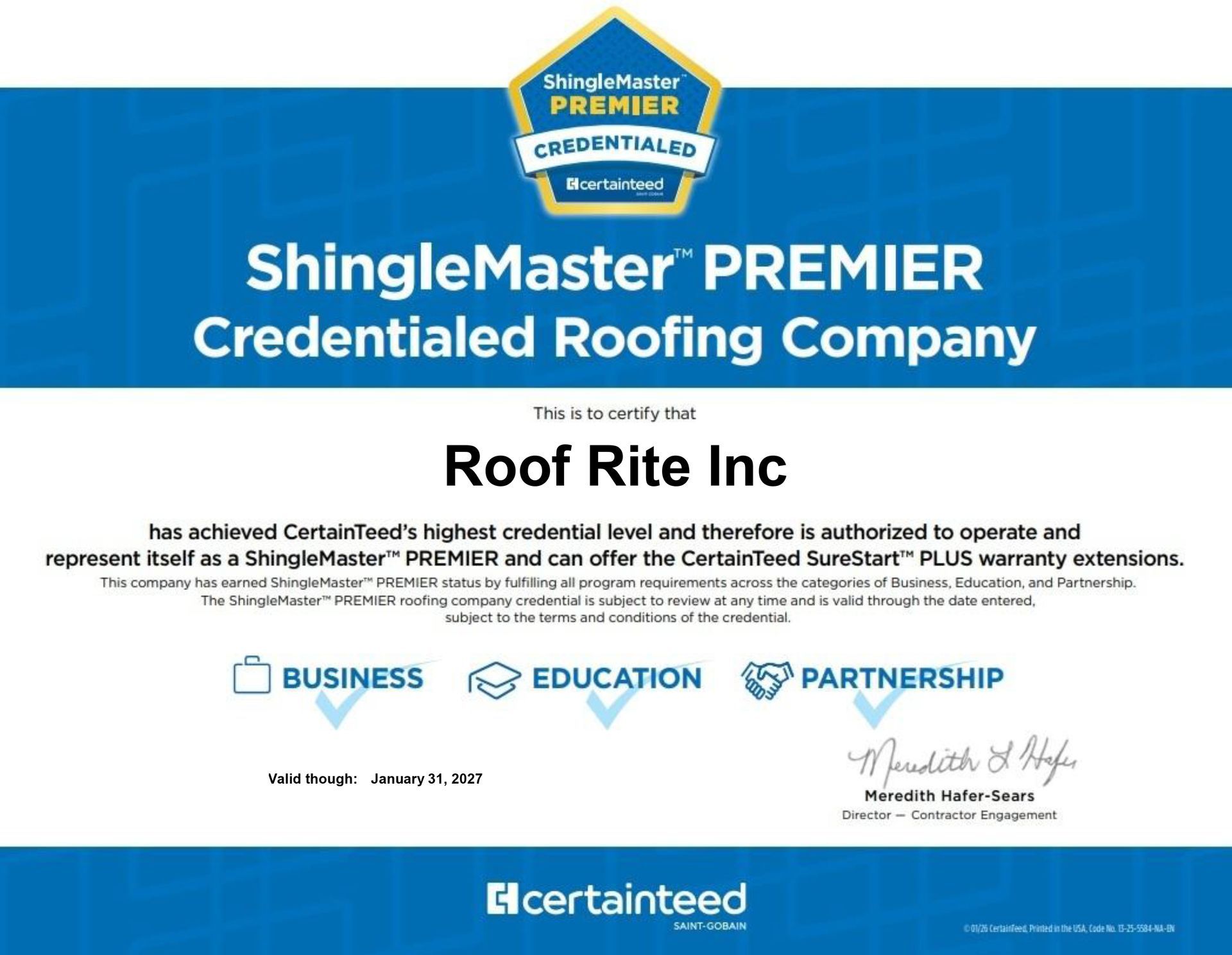 ShingleMaster Premier credentialed roofing company award badge with CertainTeed logos on blue background