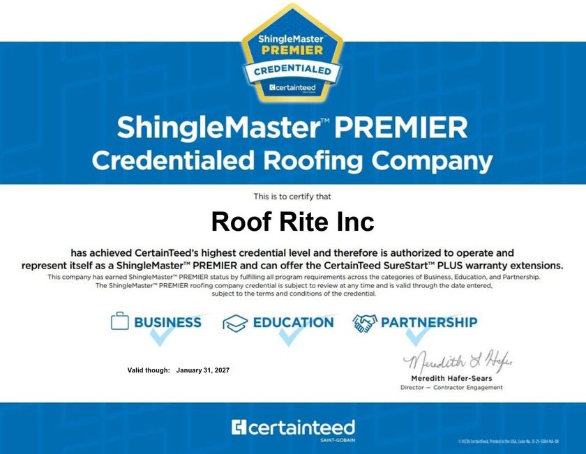 ShingleMaster Premier credentialed roofing company award badge with CertainTeed logos on blue background