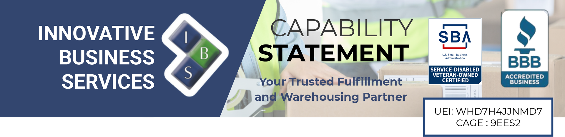 Innovative Business Services capability statement banner with company logo, tagline, and BBB and SBA accreditation logos.