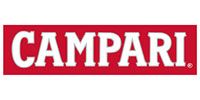 Campari logo in white letters on a red rectangular background.