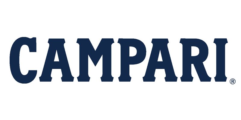 Campari logo in white letters on a red rectangular background.