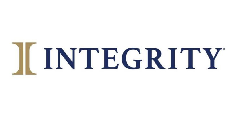 Logo of Integrity, featuring two gold pillars and the word "INTEGRITY" in navy blue.