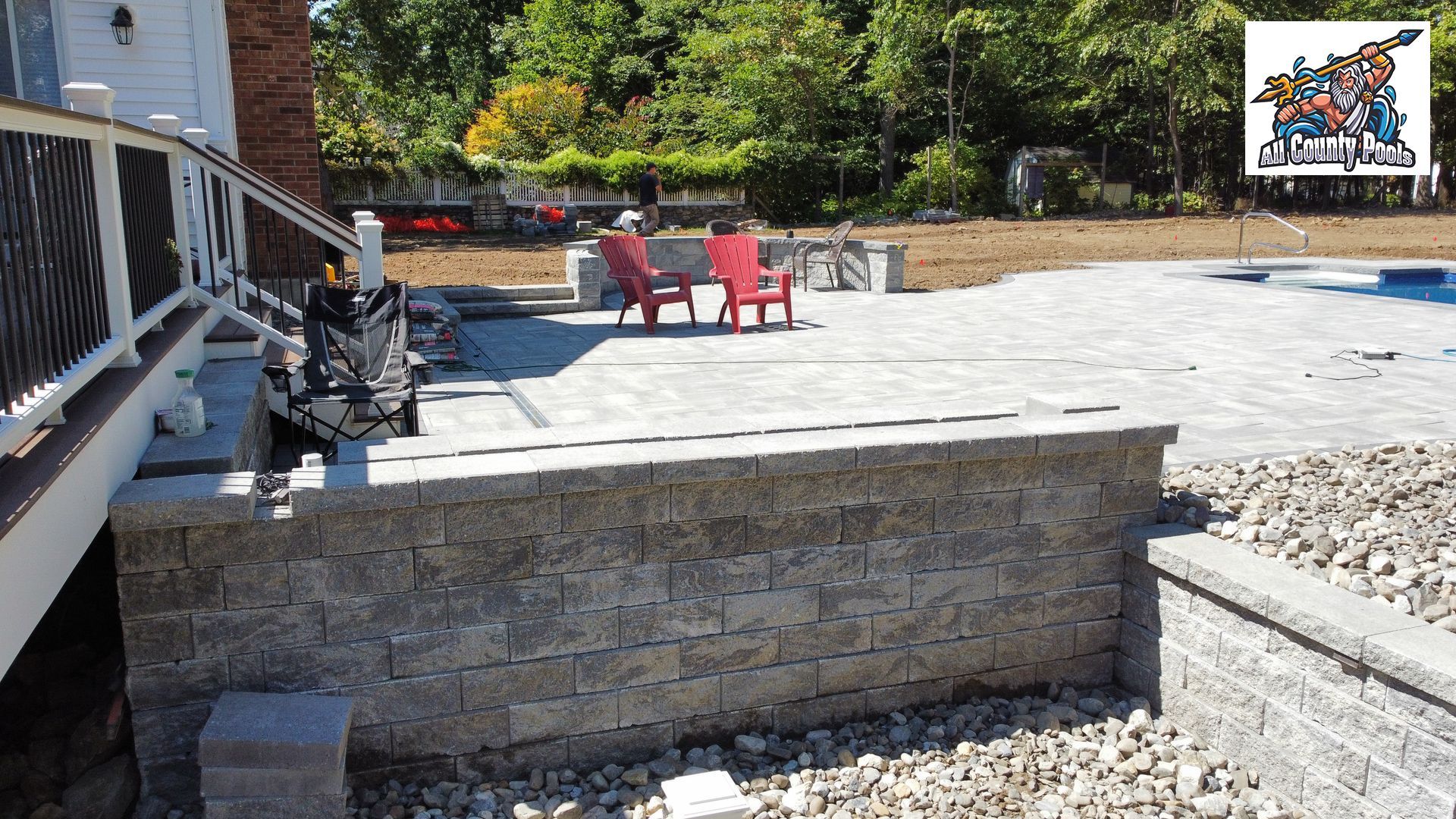 A brick wall surrounds a patio area with a pool in the background.