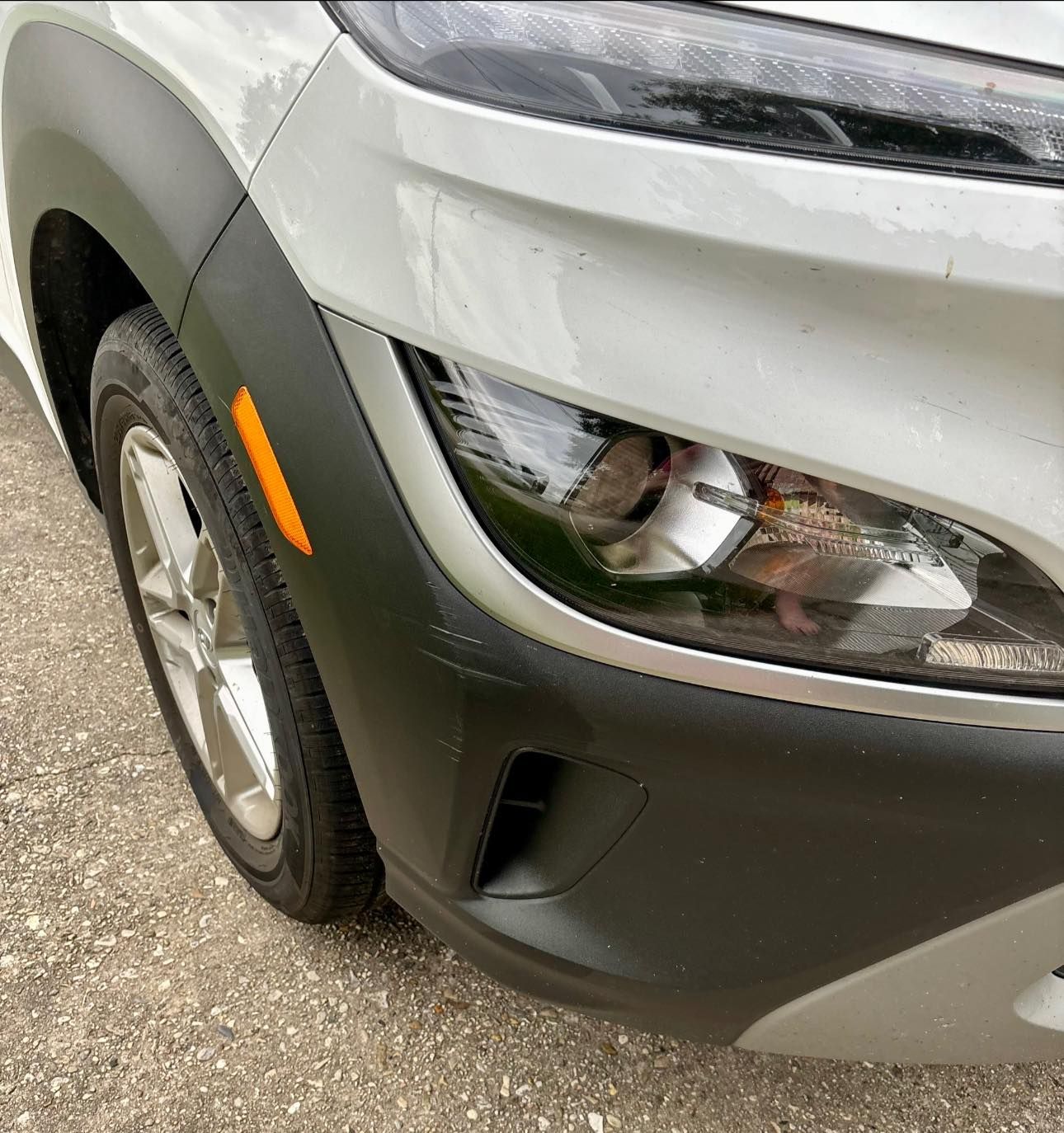 A close up of the front of a white car with a black bumper.