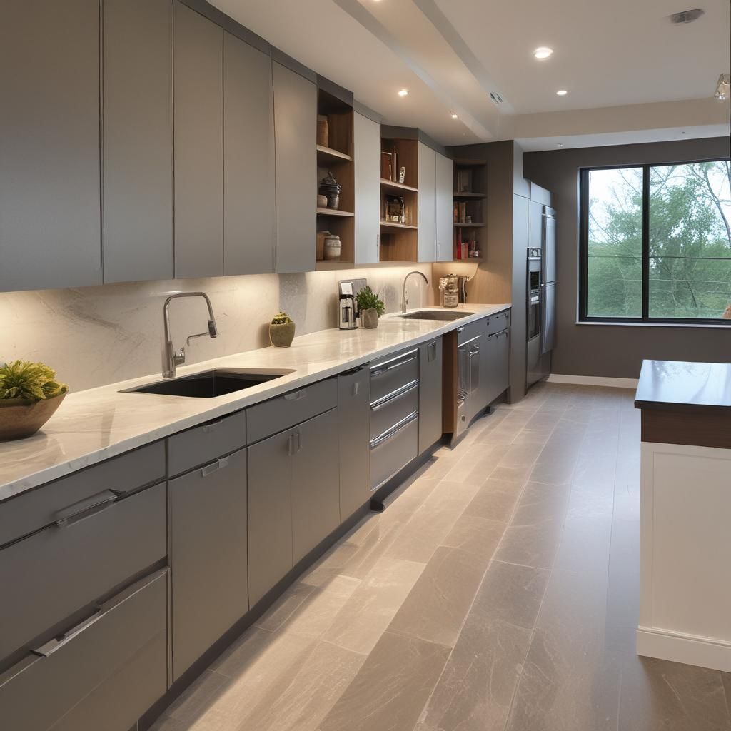A kitchen with gray cabinets and white counter tops