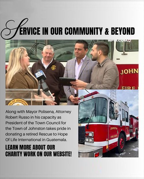 Group of people and a fire truck. Text reads about community service & charity work in Guatemala.