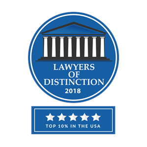 Lawyers of Distinction award badge; blue circle with white building design, text
