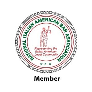 National Italian American Bar Association logo. Statue of justice, text around circle.