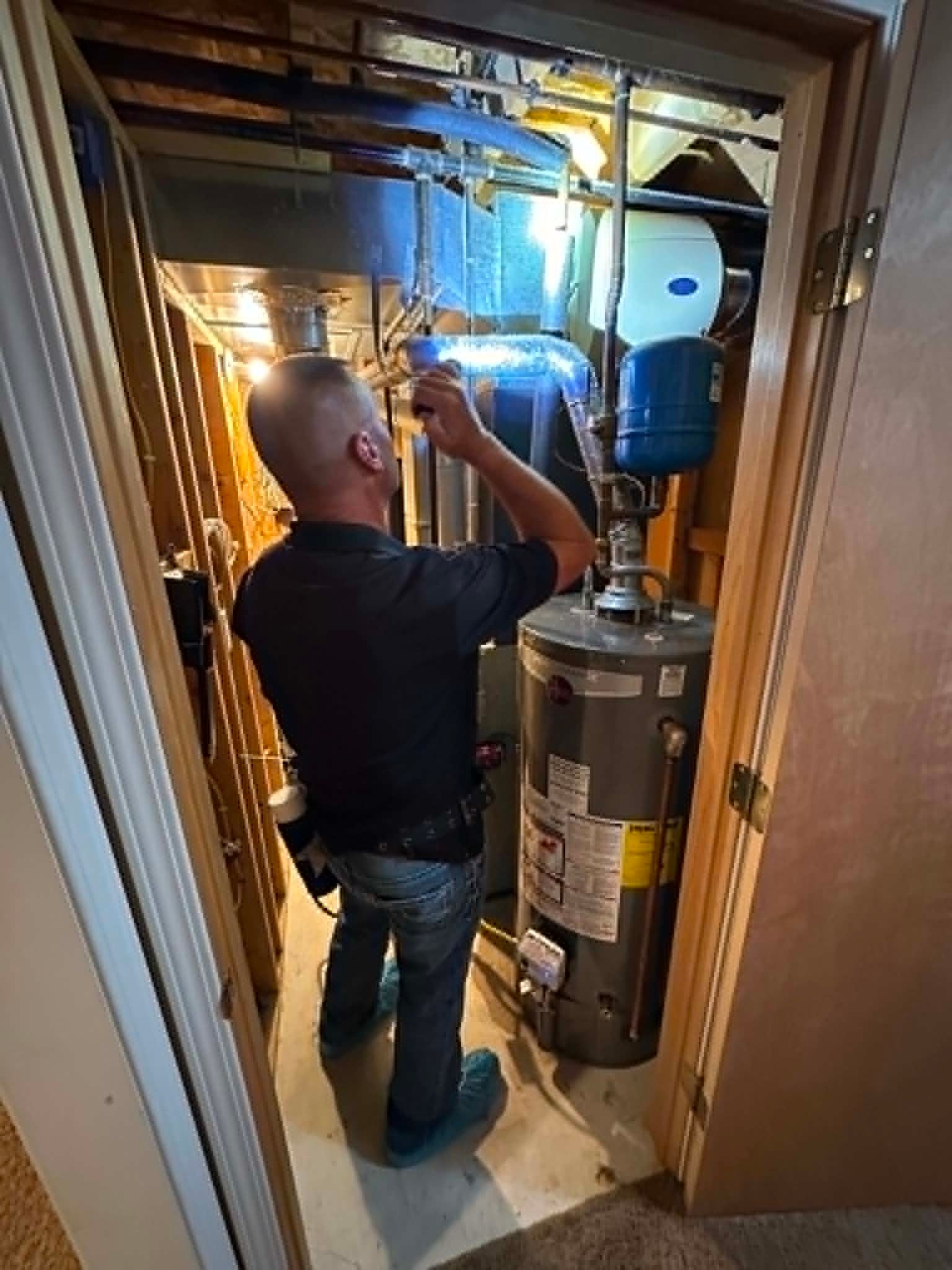 Technician inspecting for bug control in a cramped utility closet.