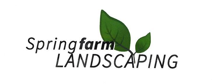 A logo for spring farm landscaping with two green leaves on a white background.