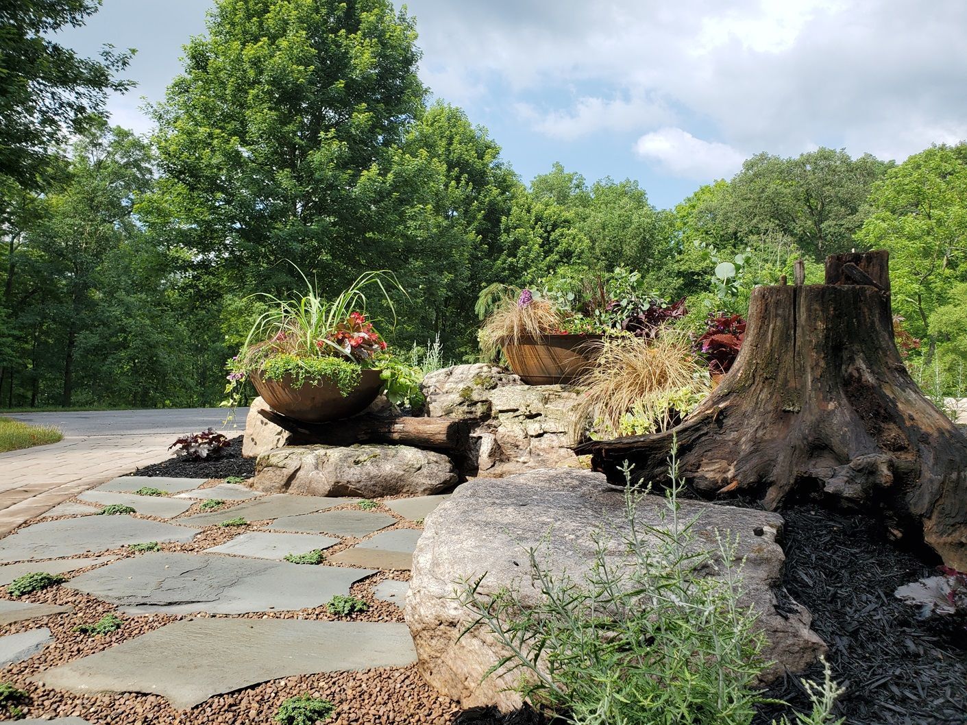 There is a large tree stump in the middle of the garden.