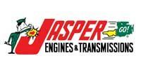 Logo for Jasper Engines & Transmissions, featuring a cartoon man, text, and graphics.