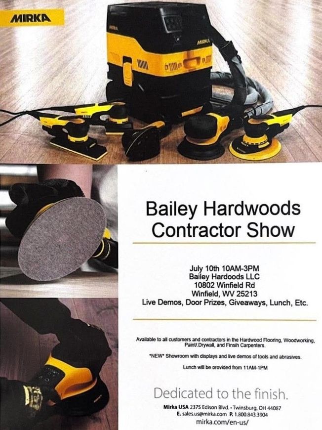 Mirka ad for Bailey Hardwoods Contractor Show featuring yellow-and-black floor sanding equipment and event details