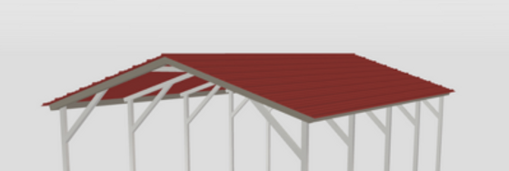 Red-roofed wooden carport or pavilion structure with gray support beams
