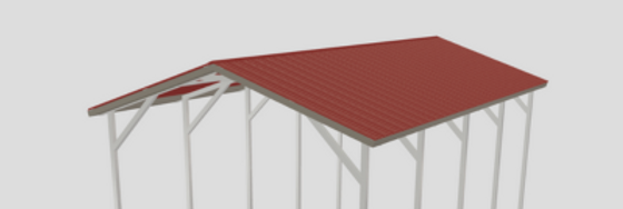 Red metal roof structure with white support posts, shown in a simple 3D rendering.
