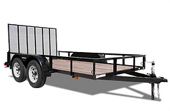 Black utility trailer with mesh gate sides, dual axles, and a front hitch on a white background