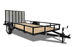 Black utility trailer with wooden sides and a front hitch, shown in side view.