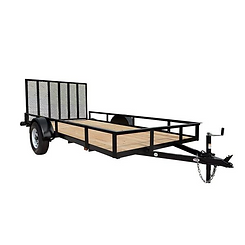 Black utility trailer with wood floor, mesh ramp gate, and single axle on white background