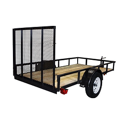 Utility trailer with black mesh ramp gate, wooden floor, and single wheel side rail