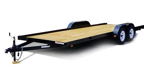 Black utility trailer with wooden deck and dual wheels, shown on a white background