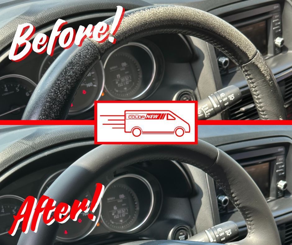 A before and after picture of a car steering wheel