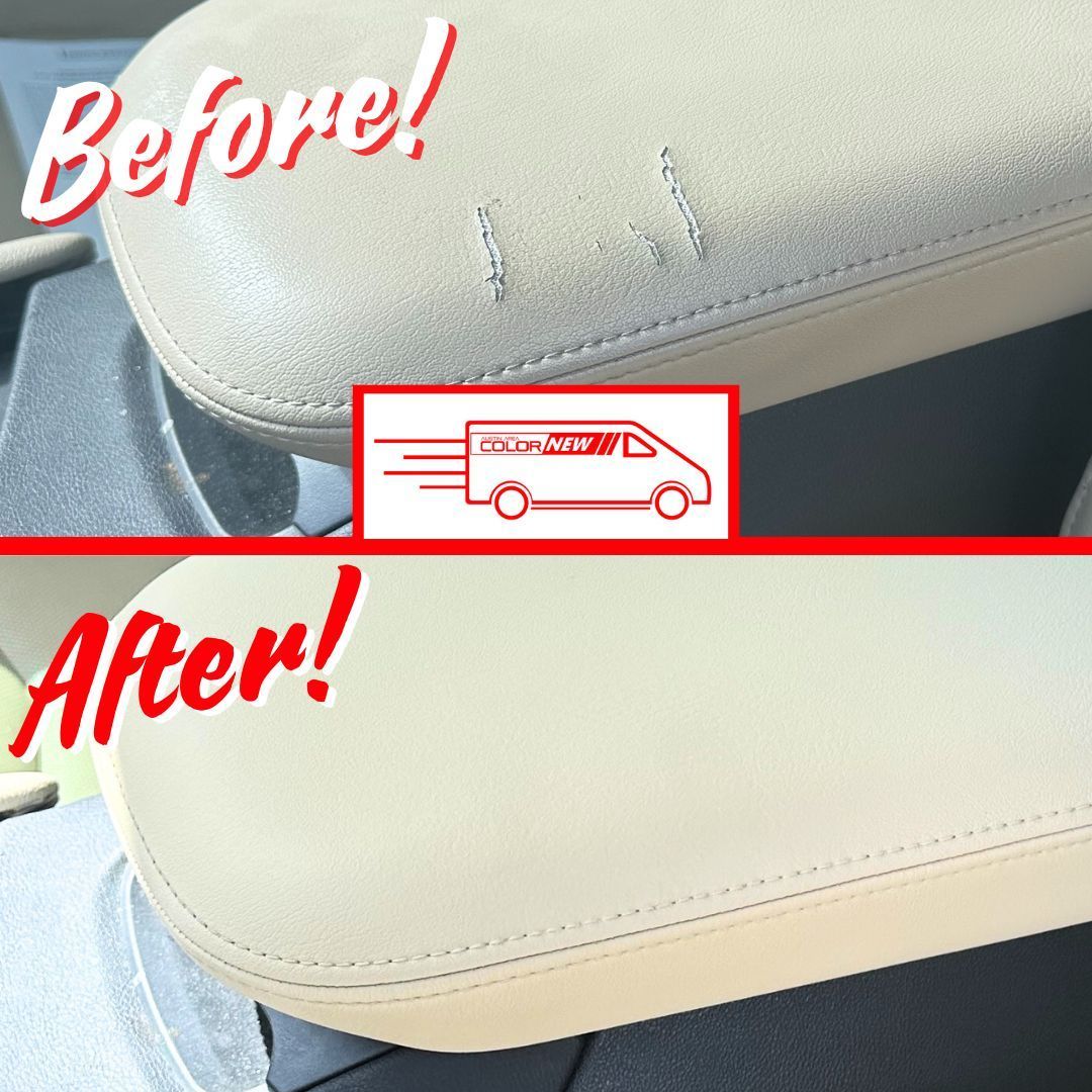 A before and after picture of a car arm rest