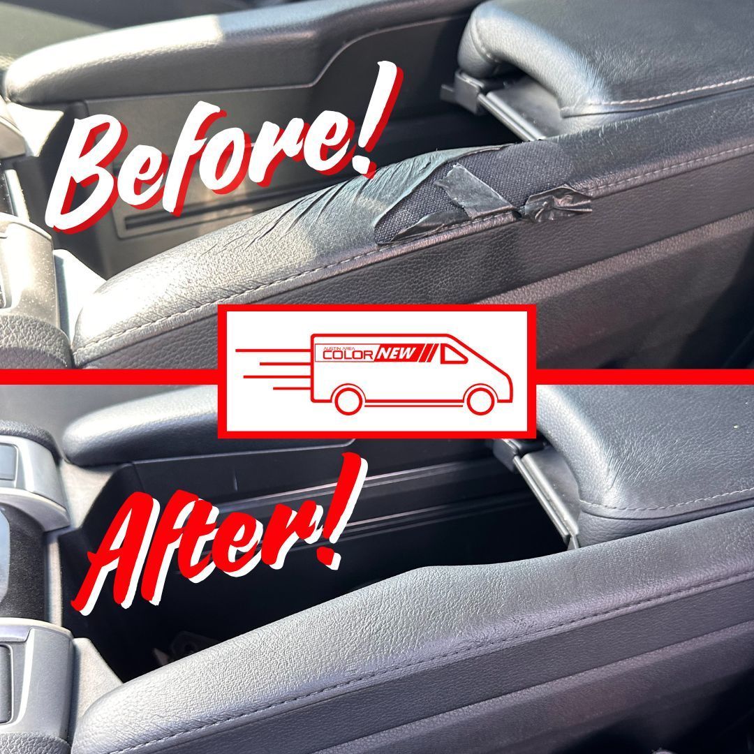 A before and after picture of a car arm rest
