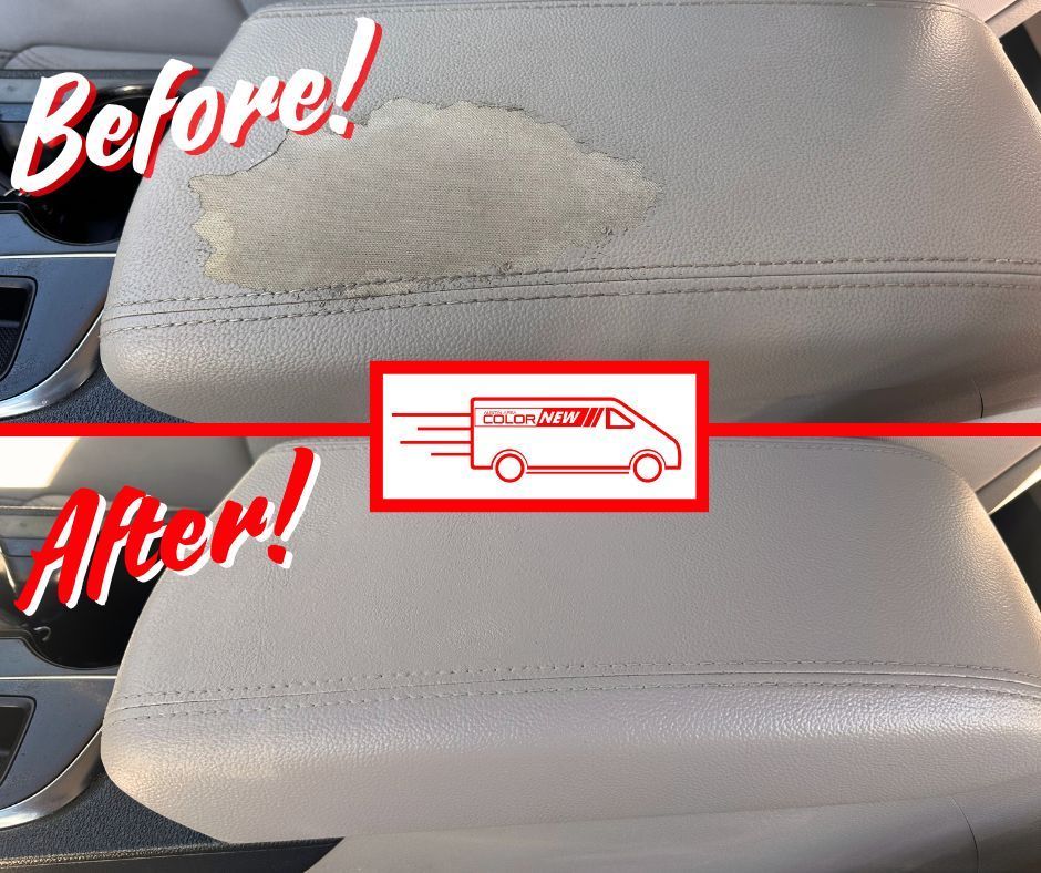 A before and after picture of a car arm rest