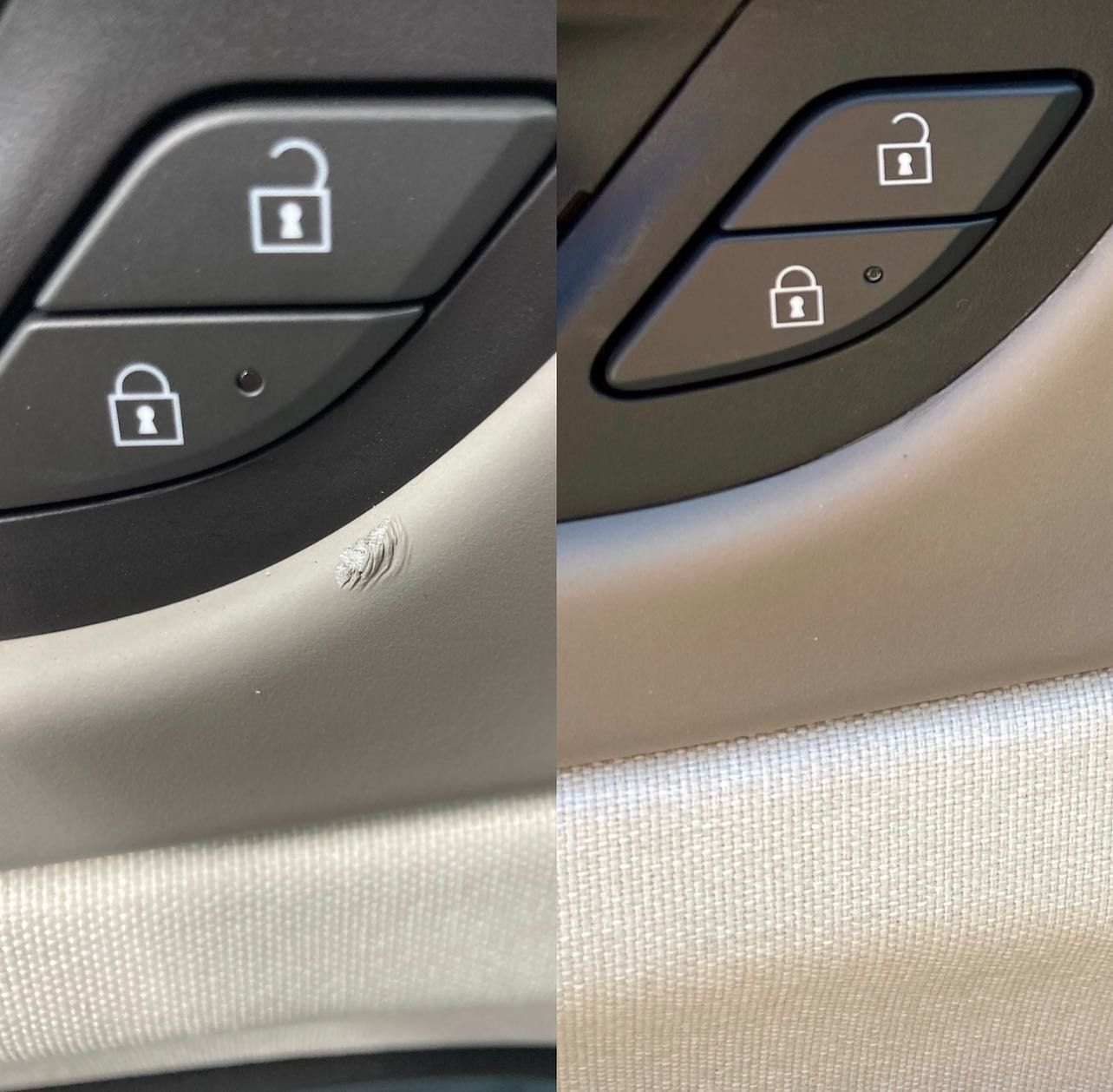 A before and after picture of a car steering wheel