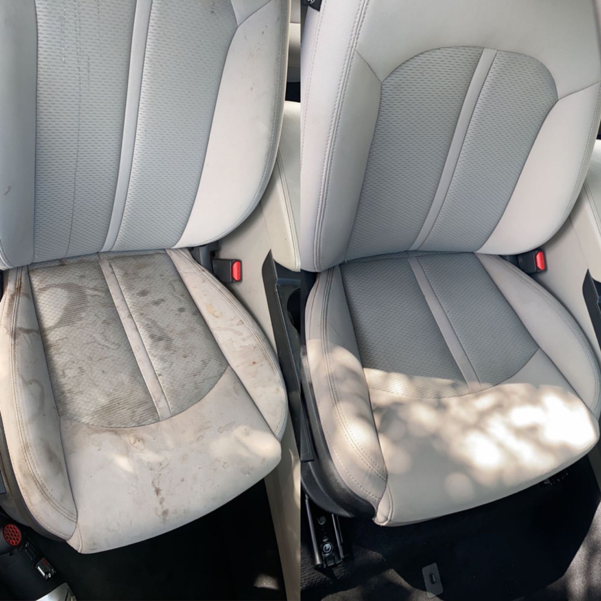 A before and after picture of a car seat