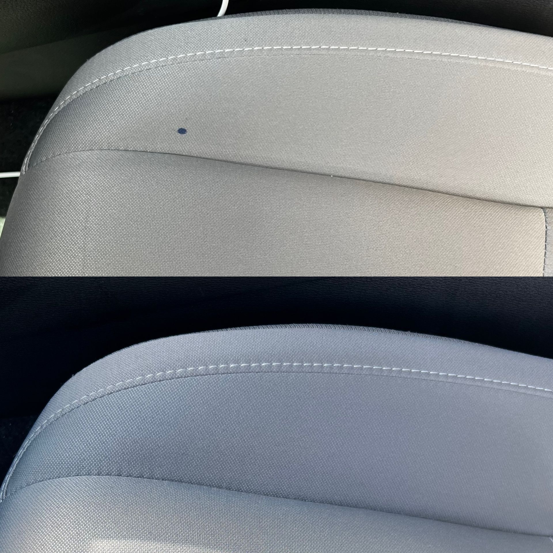 A before and after picture of a car seat with a hole in it.