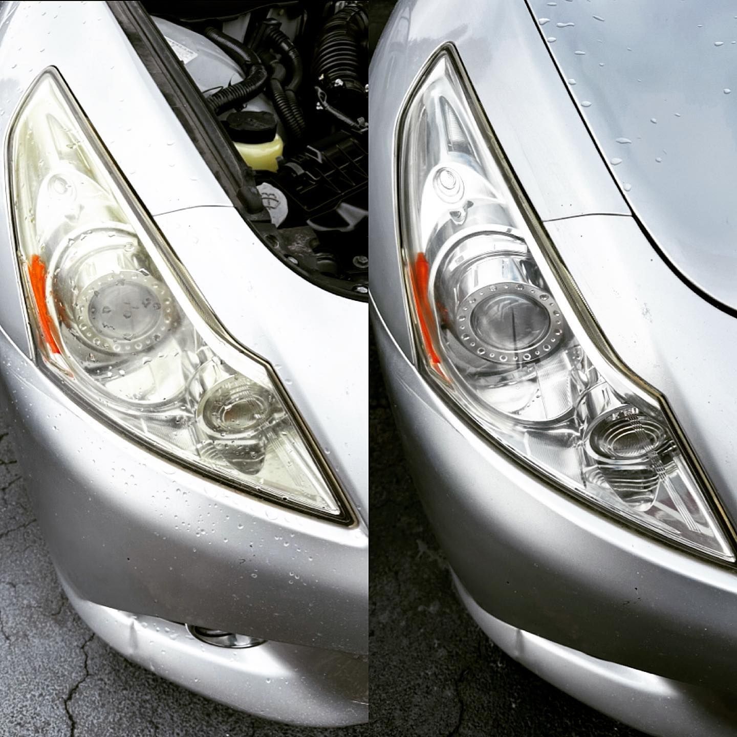 A before and after photo of a car 's headlights.
