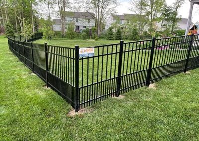 Black metal fence surrounds a grassy yard, with houses in the background.