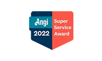 Angi Super Service Award badge, 2022. Blue and red design with company logo.