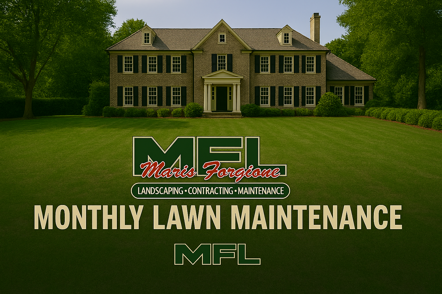 Monthly lawn maintenance ad. Stone house with a perfectly manicured lawn.