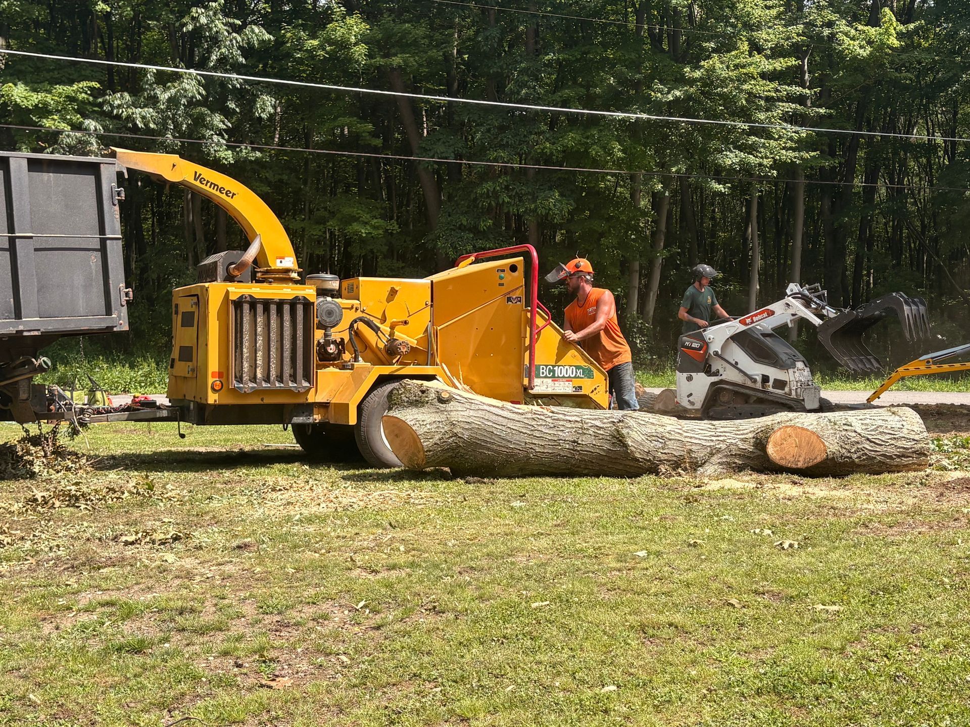 Workers operating a yellow wood chipper beside a long log in a wooded roadside area