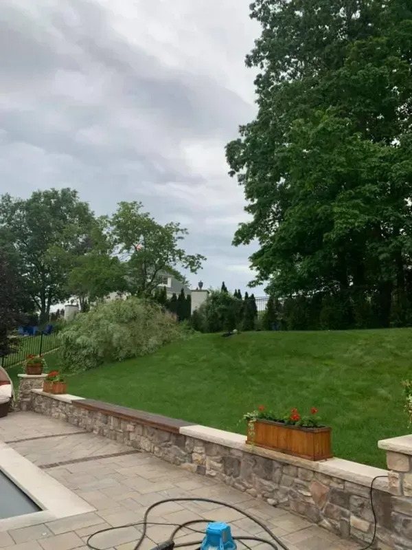 A backyard with green grass, a stone wall, trees, and a cloudy sky.