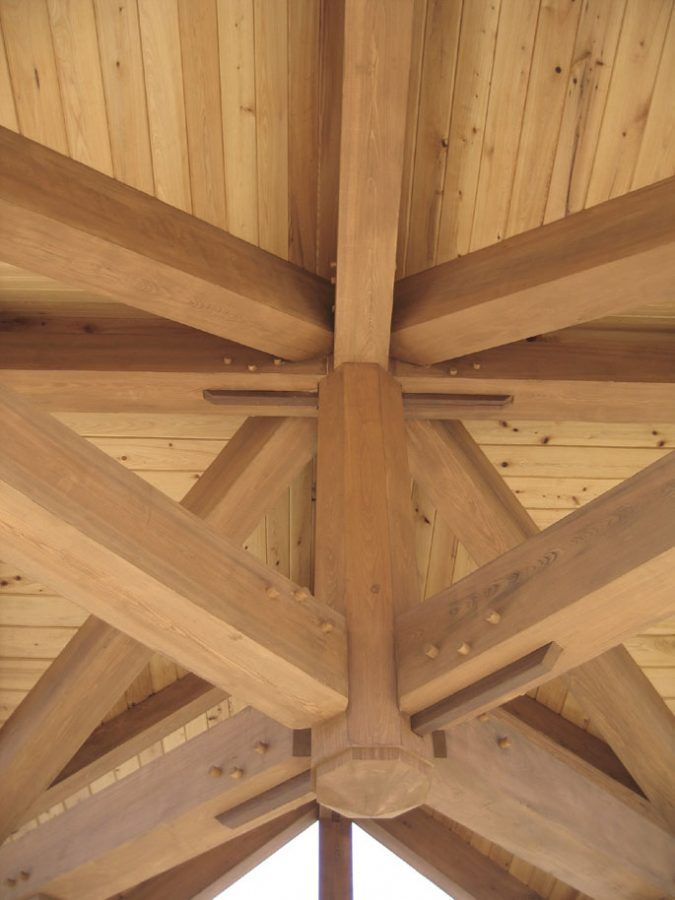 A close up of a wooden structure with a ceiling.