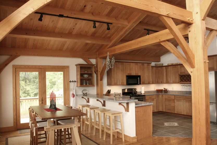 A kitchen with a table and stools in it.