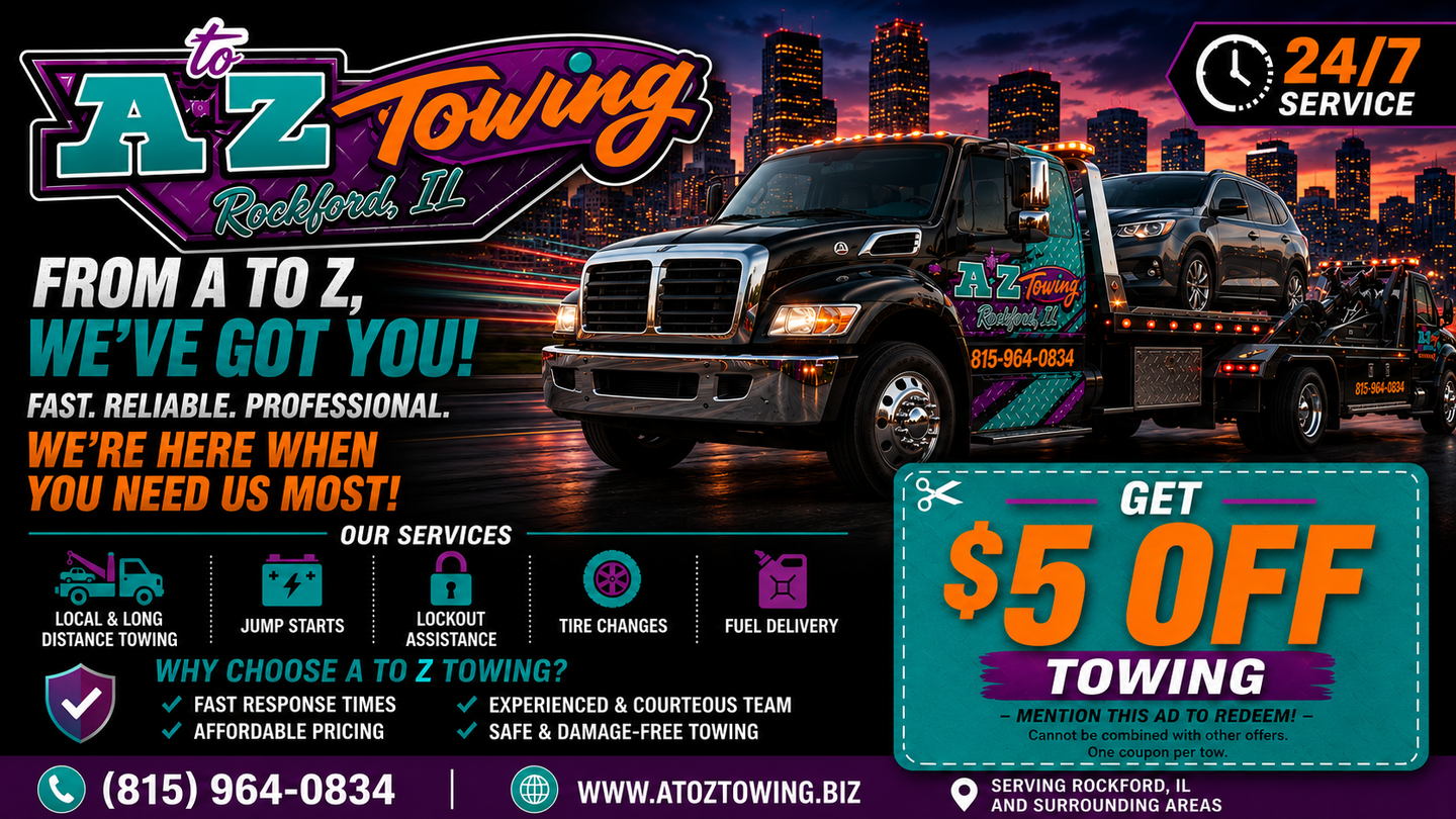 A to Z Towing ad with tow truck at night, 24/7 service, and bold '$5 OFF towing' offer