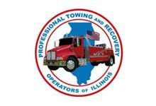 Logo of Professional Towing and Recovery Operators of Illinois. A red tow truck is inside a red and blue circle, with the Illinois state outline and an American flag.