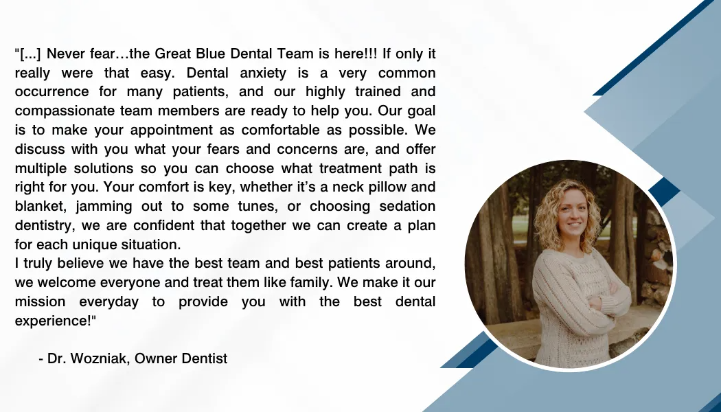 Woman smiling in a dental clinic testimonial; text about pain-free procedures; white, blue background.