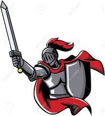 A knight in silver armor with a red cape, holding a sword up high and a shield in the other hand.