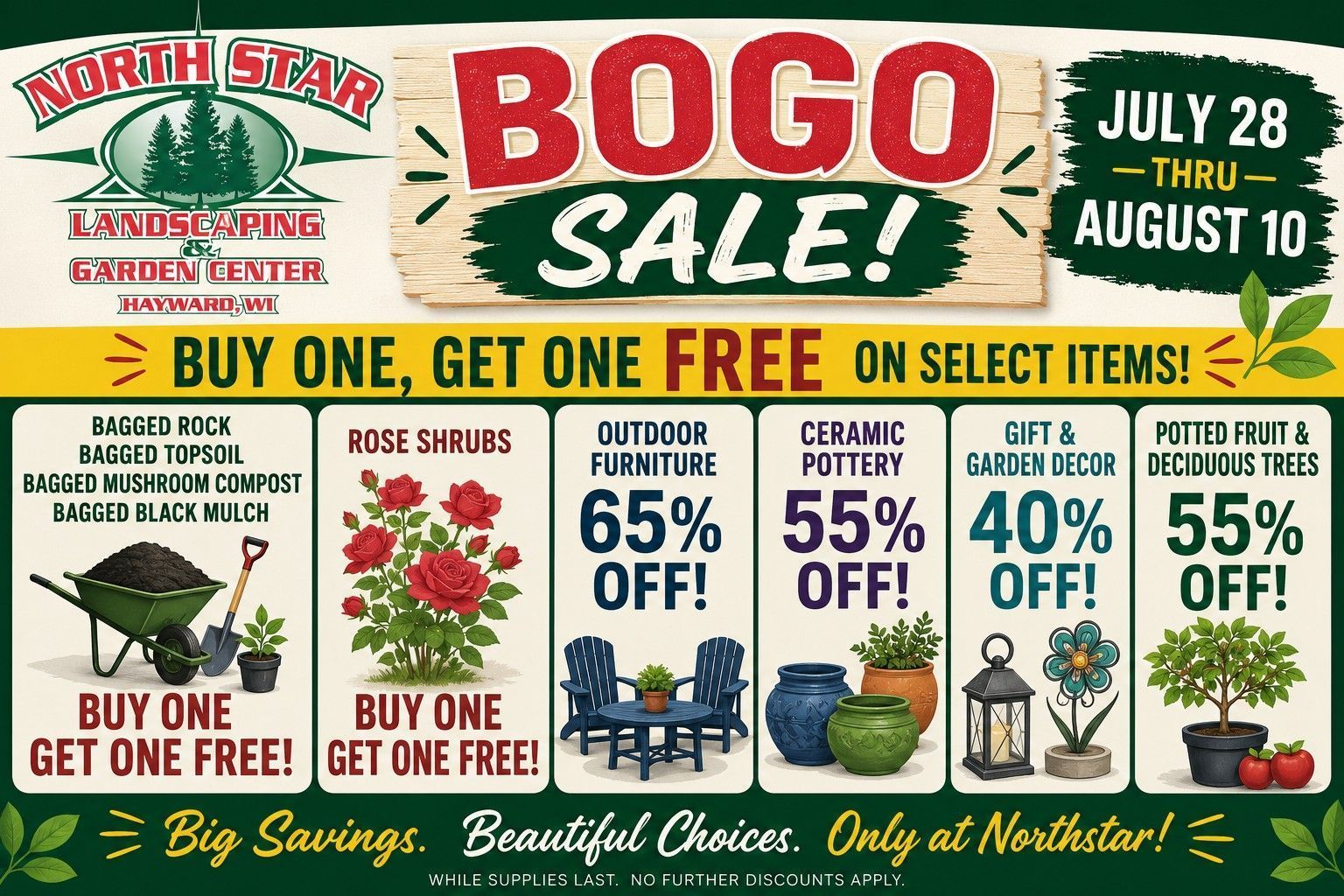 North Star BOGO sale banner with plants, July 28–August 10, buy one get one free on select items.