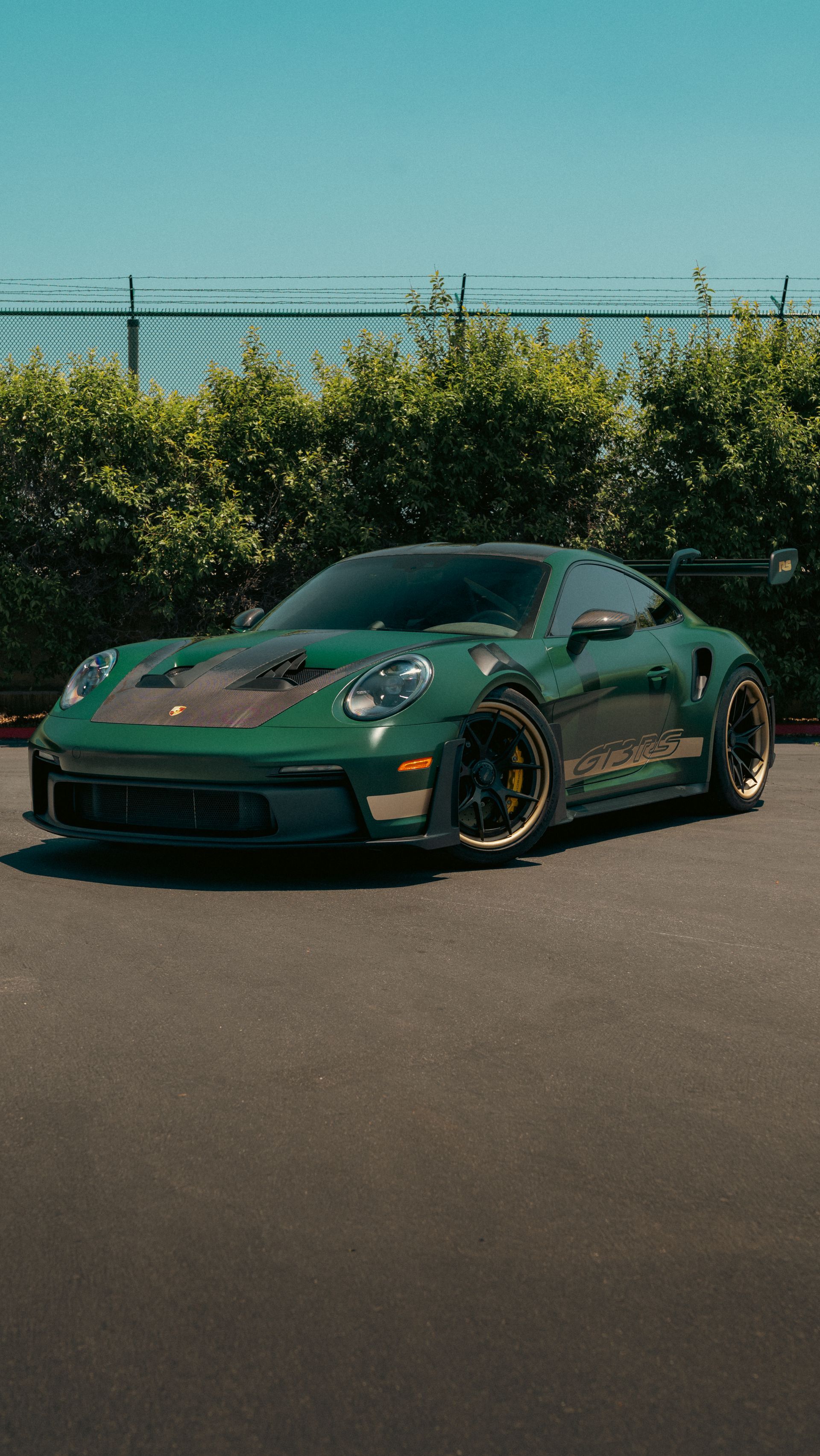 Dark green sports car parked on asphalt beside a chain-link fence and trees under a clear sky