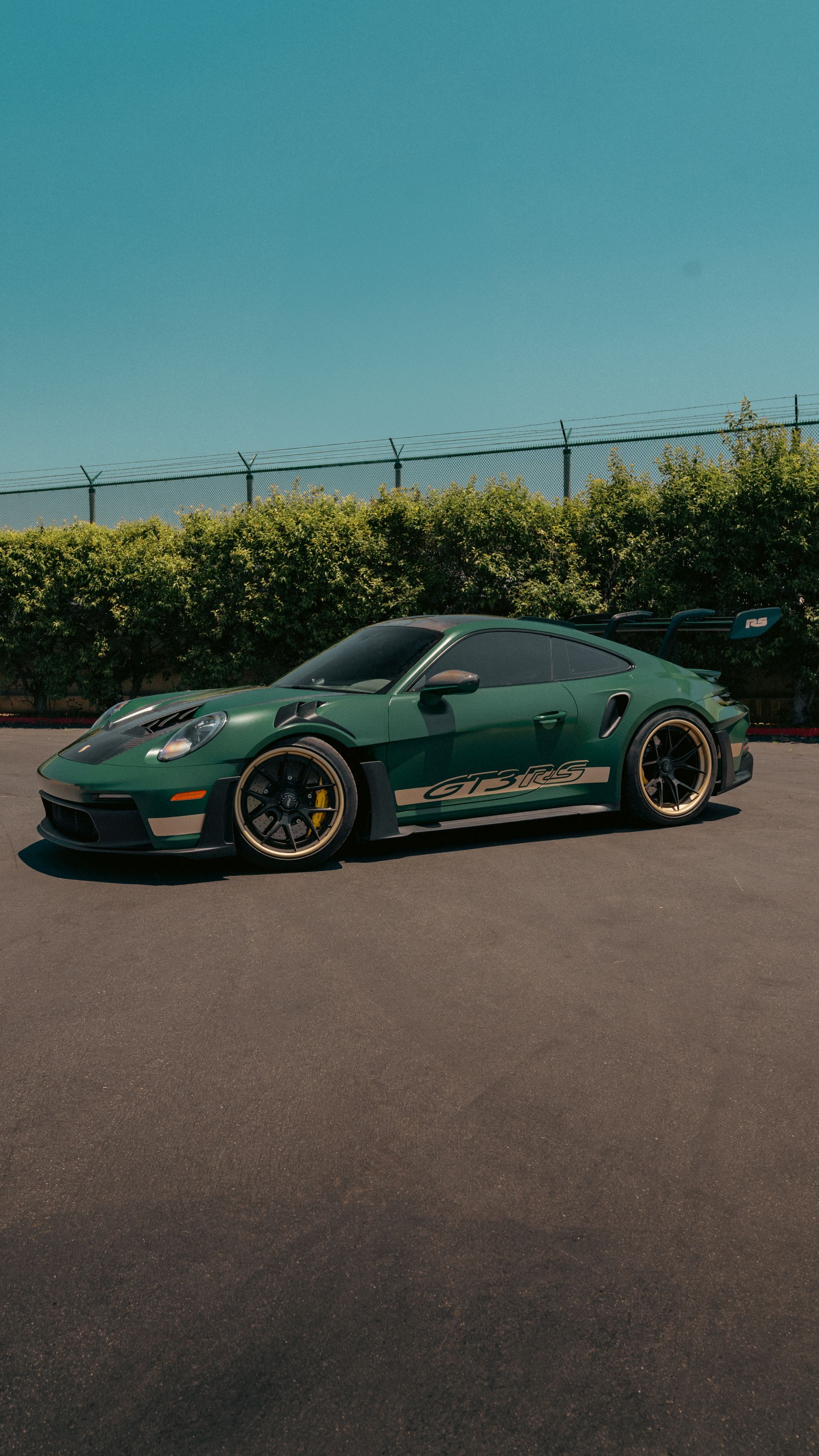 Green sports car with gold wheels parked on a road beside hedges under a blue sky