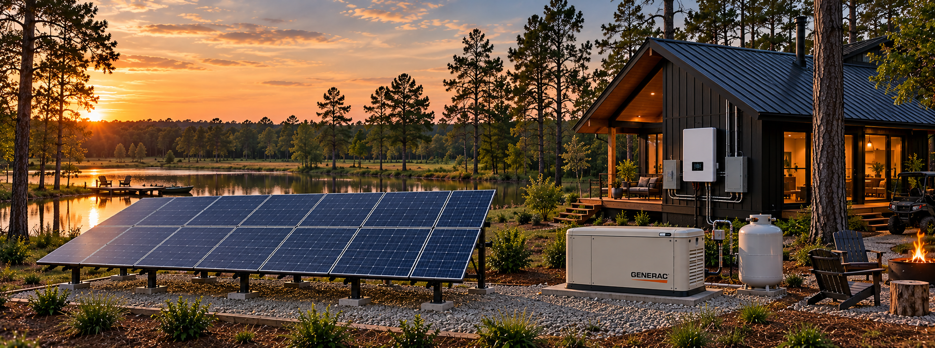 Solar panels off-grid systems installed in a field under a clear blue sky
