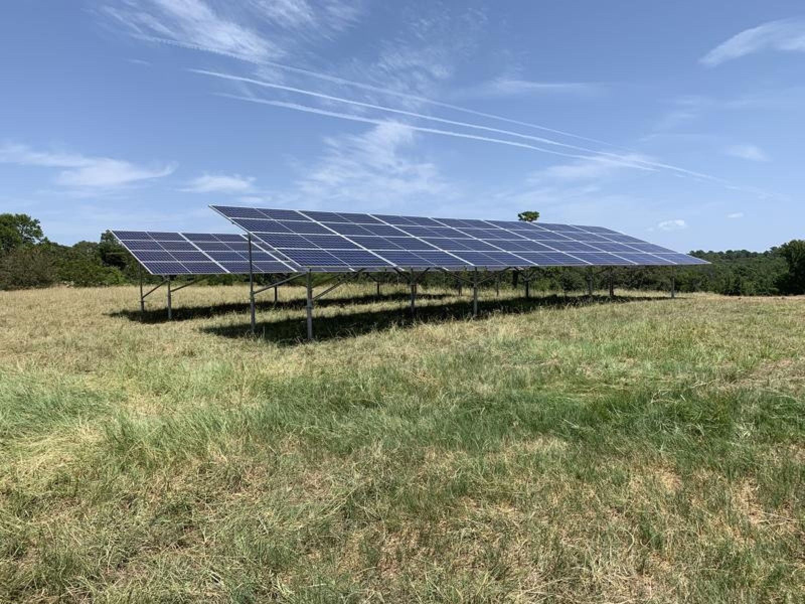 A row of ground-mounted solar panels in a grassy field under a clear blue sky.